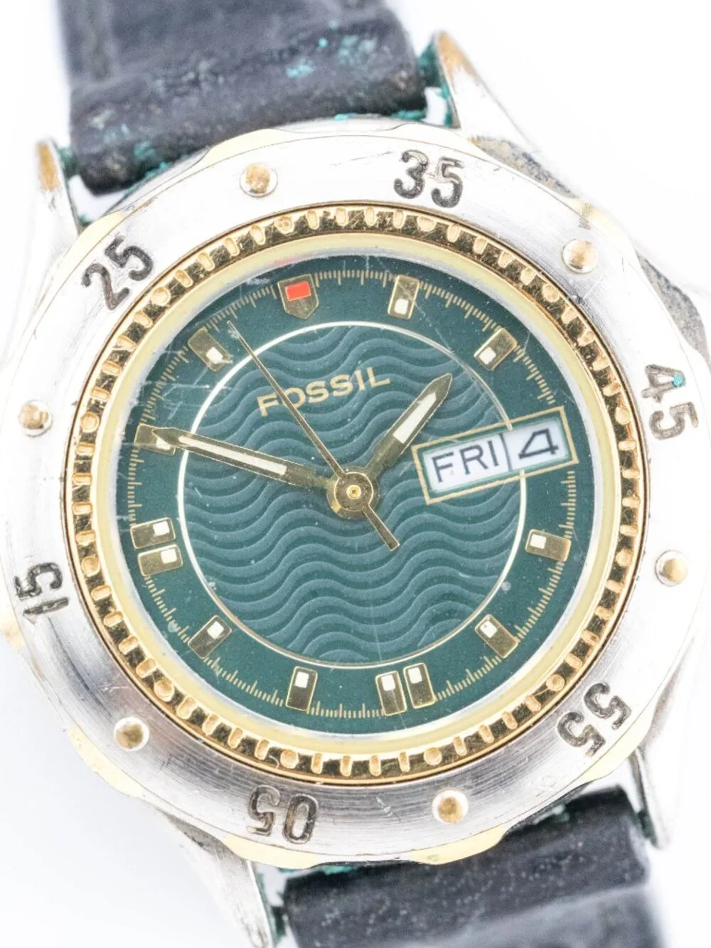Fossil AM-3023 Green Wave Dial Day-Date Quartz Analog Men's Watch New Battery